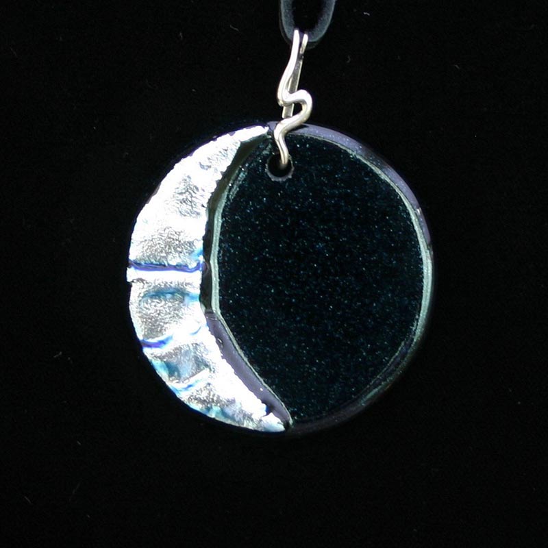 Kiln-Fired Crescent Moon and Stars Dichroic Glass Necklace